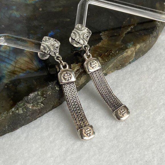 Signed Greek Pipis Sterling Silver 925 Foxtail Chain Dangle Drop Earrings - Picture 4 of 16